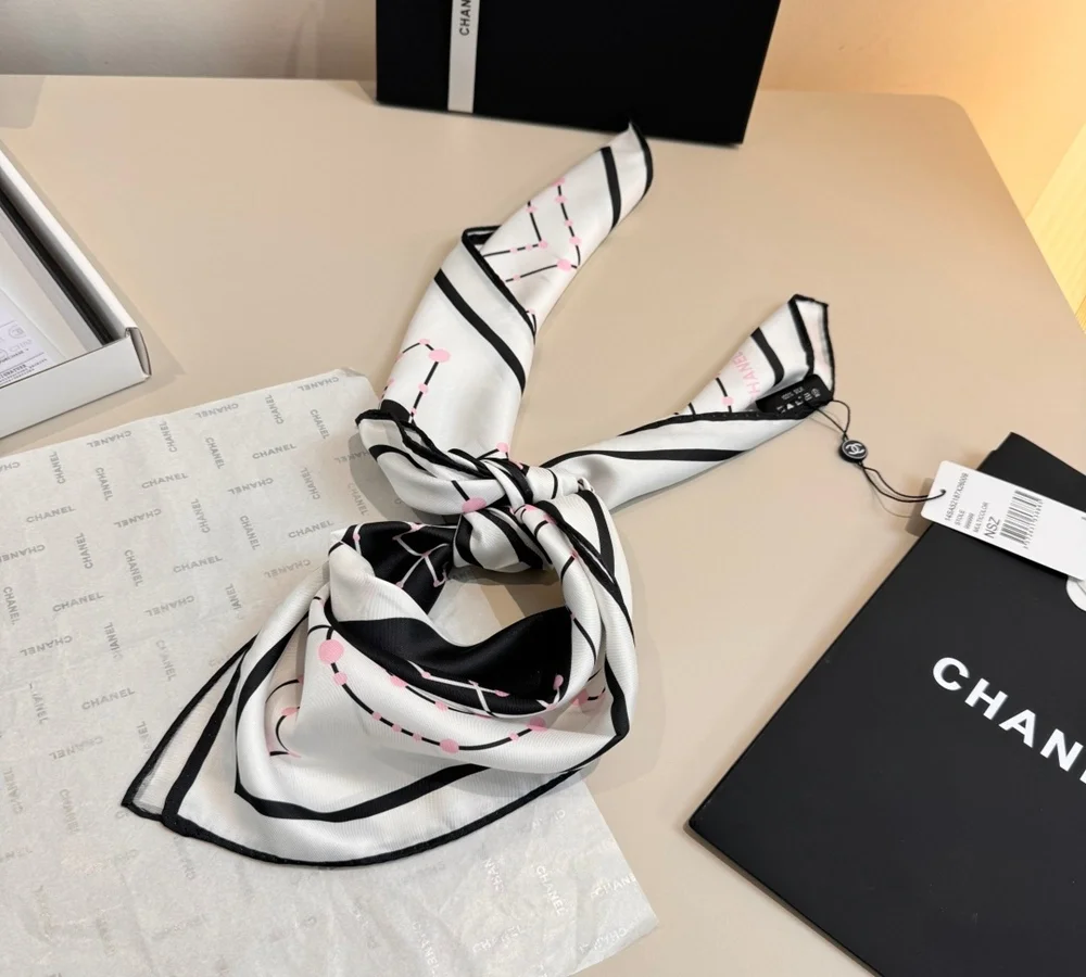 Chanel Graphic Line Silk Scarf (Black, White & Pink)